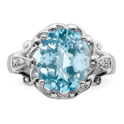 Sterling Silver Rhodium Checker-Cut Sky Blue Topaz u0026 Diamond Ring