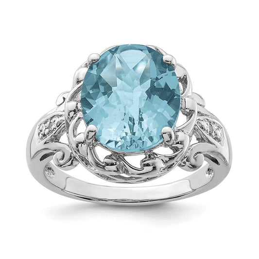 Sterling Silver Rhodium Checker-Cut Sky Blue Topaz u0026 Diamond Ring