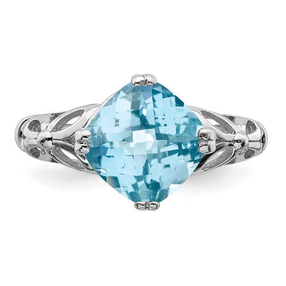 Sterling Silver Rhodium Checker-Cut Sky Blue Topaz Ring