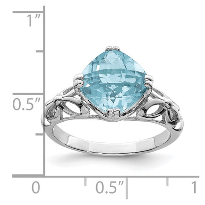 Sterling Silver Rhodium Checker-Cut Sky Blue Topaz Ring