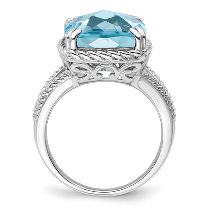 Sterling Silver Rhodium Checker-Cut Sky Blue Topaz Ring