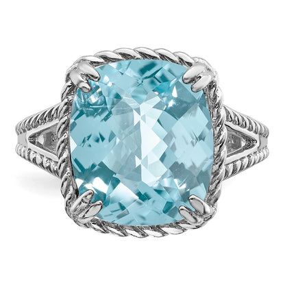 Sterling Silver Rhodium Checker-Cut Sky Blue Topaz Ring