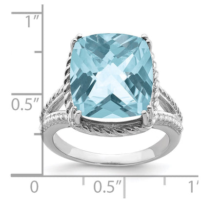 Sterling Silver Rhodium Checker-Cut Sky Blue Topaz Ring