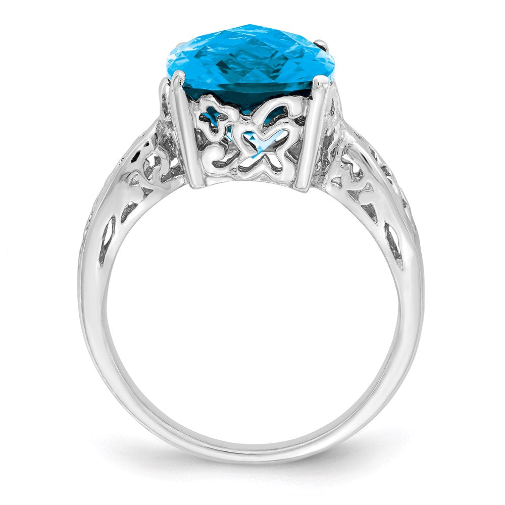 Sterling Silver Rhodium Checker-Cut Blue Topaz Ring