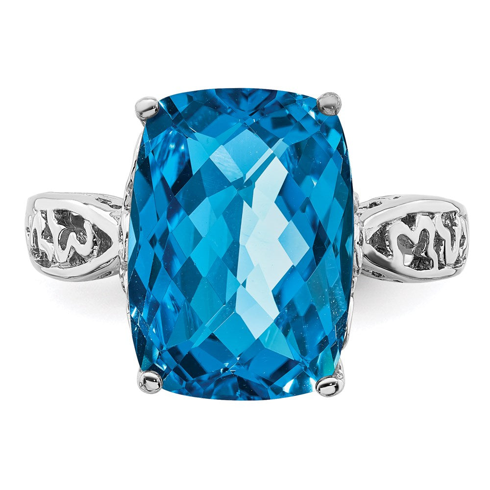 Sterling Silver Rhodium Checker-Cut Blue Topaz Ring