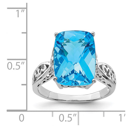 Sterling Silver Rhodium Checker-Cut Blue Topaz Ring