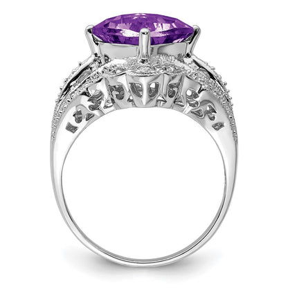 Sterling Silver Rhodium-plated Checker-Cut Amethyst u0026 Diamond Ring