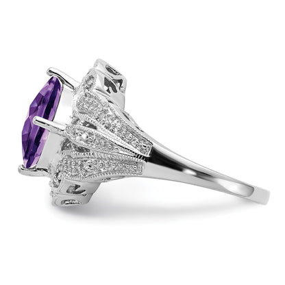 Sterling Silver Rhodium-plated Checker-Cut Amethyst u0026 Diamond Ring