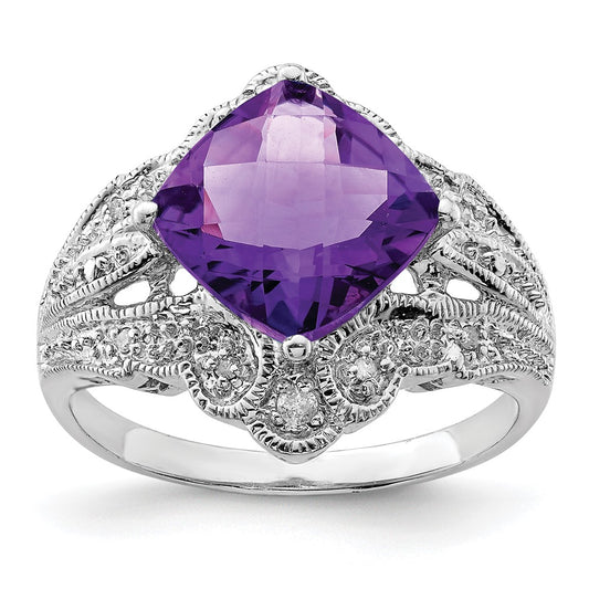 Sterling Silver Rhodium-plated Checker-Cut Amethyst u0026 Diamond Ring