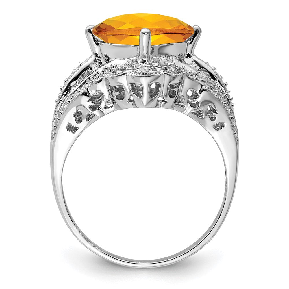 Sterling Silver Rhodium Cushion Checker-Cut Citrine u0026 Diamond Ring