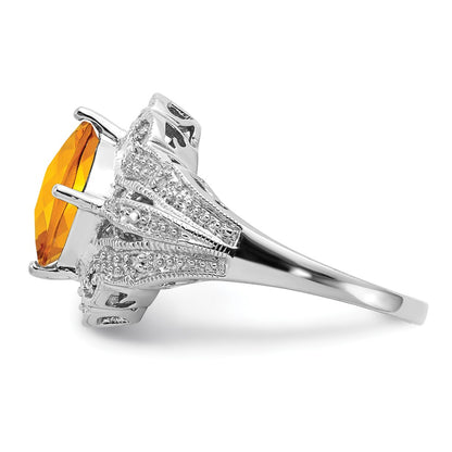 Sterling Silver Rhodium Cushion Checker-Cut Citrine u0026 Diamond Ring