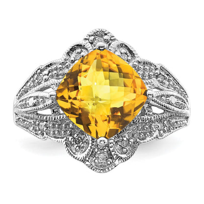 Sterling Silver Rhodium Cushion Checker-Cut Citrine u0026 Diamond Ring