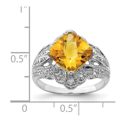 Sterling Silver Rhodium Cushion Checker-Cut Citrine u0026 Diamond Ring