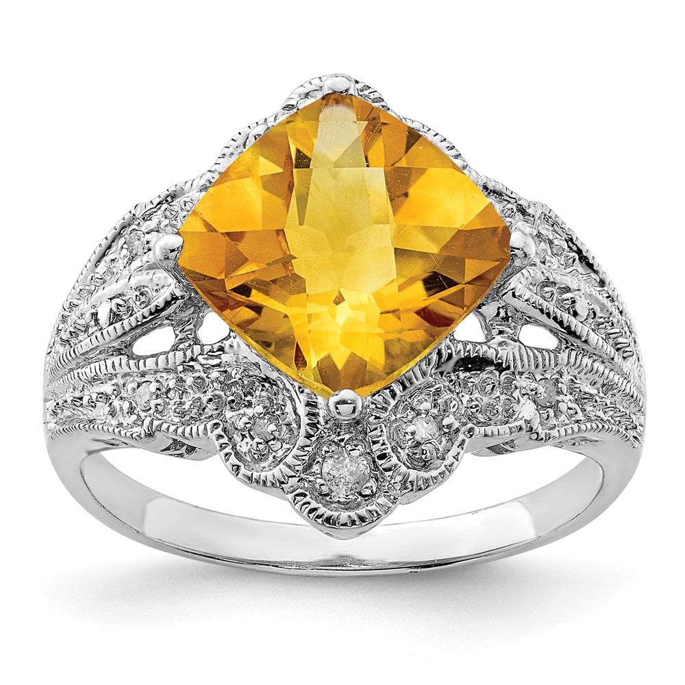 Sterling Silver Rhodium Cushion Checker-Cut Citrine u0026 Diamond Ring