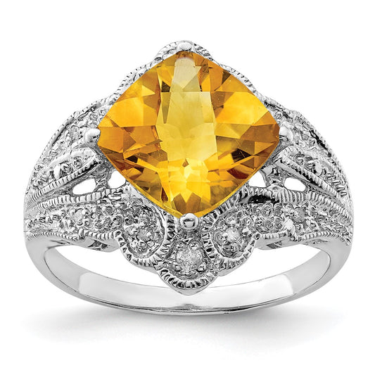 Sterling Silver Rhodium Cushion Checker-Cut Citrine u0026 Diamond Ring