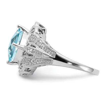 Sterling Silver Rhodium Checker-Cut Sky Blue Topaz u0026 Diamond Ring
