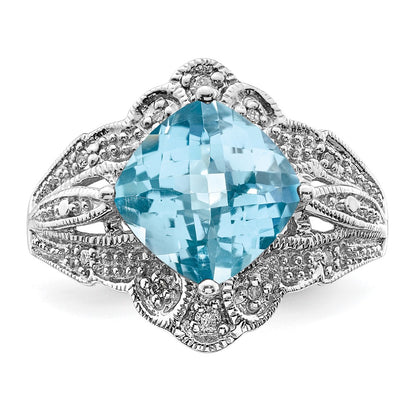 Sterling Silver Rhodium Checker-Cut Sky Blue Topaz u0026 Diamond Ring