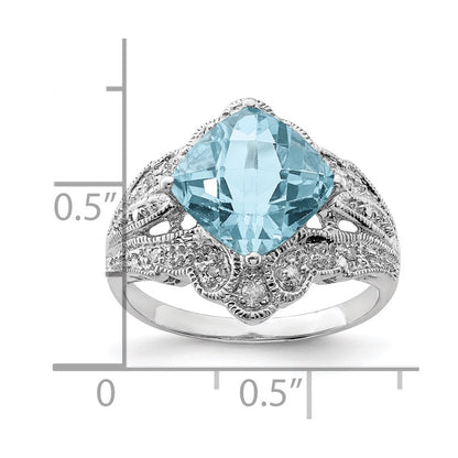 Sterling Silver Rhodium Checker-Cut Sky Blue Topaz u0026 Diamond Ring