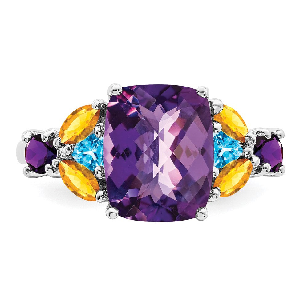 Sterling Silver Rhodium-plated Amethyst, Blue Topaz u0026 Citrine Ring