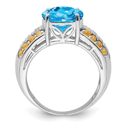 Sterling Silver Rhodium Checker-Cut Blue Topaz, Citrine u0026 Diamond Ring