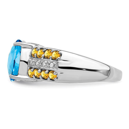 Sterling Silver Rhodium Checker-Cut Blue Topaz, Citrine u0026 Diamond Ring