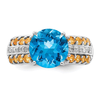 Sterling Silver Rhodium Checker-Cut Blue Topaz, Citrine u0026 Diamond Ring