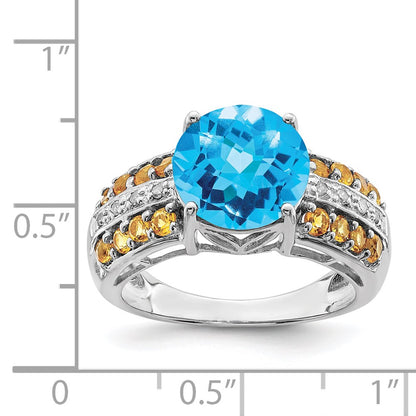 Sterling Silver Rhodium Checker-Cut Blue Topaz, Citrine u0026 Diamond Ring