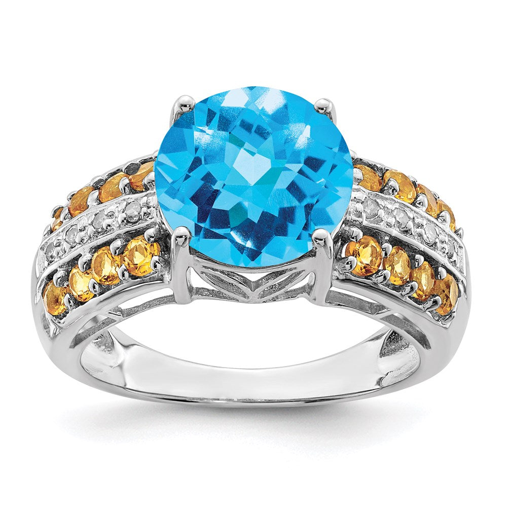 Sterling Silver Rhodium Checker-Cut Blue Topaz, Citrine u0026 Diamond Ring