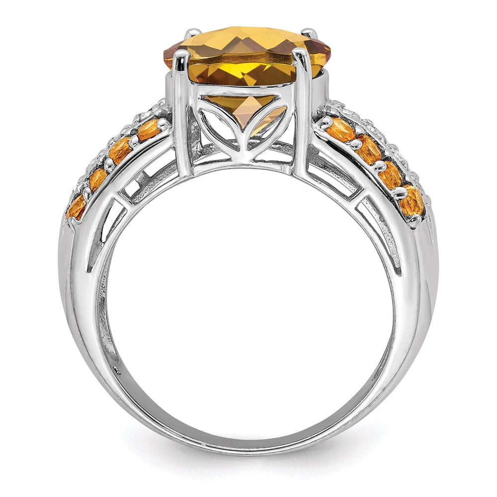 Sterling Silver Rhodium Checker-Cut Whiskey Quartz, Citrine u0026 Diamond Ring