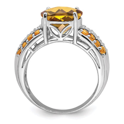 Sterling Silver Rhodium Checker-Cut Whiskey Quartz, Citrine u0026 Diamond Ring