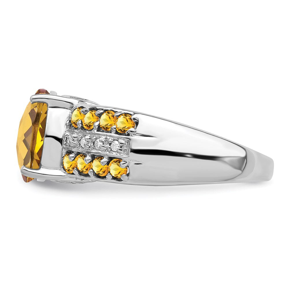 Sterling Silver Rhodium Checker-Cut Whiskey Quartz, Citrine u0026 Diamond Ring