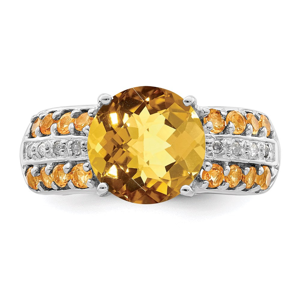 Sterling Silver Rhodium Checker-Cut Whiskey Quartz, Citrine u0026 Diamond Ring