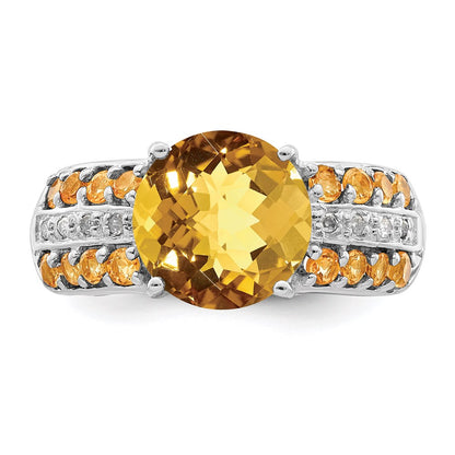 Sterling Silver Rhodium Checker-Cut Whiskey Quartz, Citrine u0026 Diamond Ring