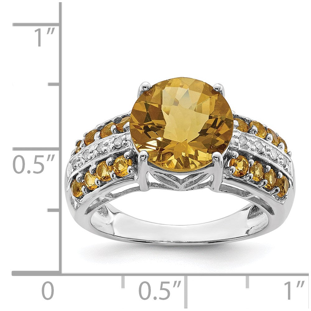 Sterling Silver Rhodium Checker-Cut Whiskey Quartz, Citrine u0026 Diamond Ring