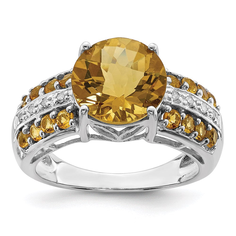 Sterling Silver Rhodium Checker-Cut Whiskey Quartz, Citrine u0026 Diamond Ring