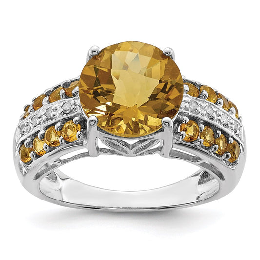 Sterling Silver Rhodium Checker-Cut Whiskey Quartz, Citrine u0026 Diamond Ring