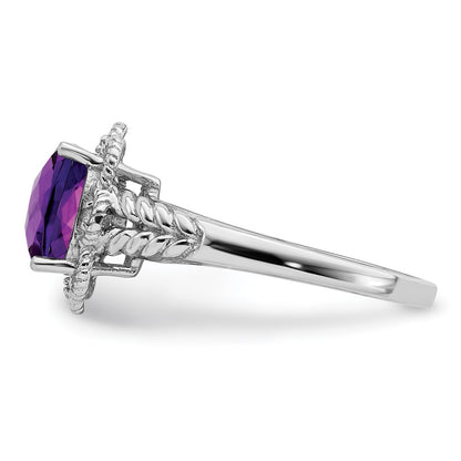 Sterling Silver Rhodium-plated Checker-Cut Amethyst u0026 Diamond Ring