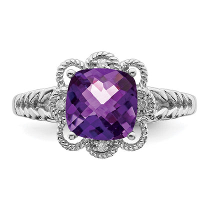 Sterling Silver Rhodium-plated Checker-Cut Amethyst u0026 Diamond Ring