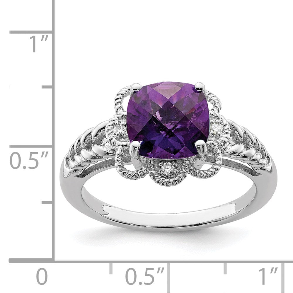 Sterling Silver Rhodium-plated Checker-Cut Amethyst u0026 Diamond Ring