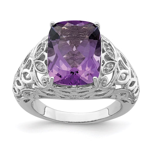 Sterling Silver Rhodium-plated Amethyst u0026 Diamond Ring