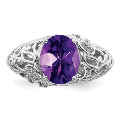 Sterling Silver Rhodium-plated Amethyst u0026 Diamond Ring