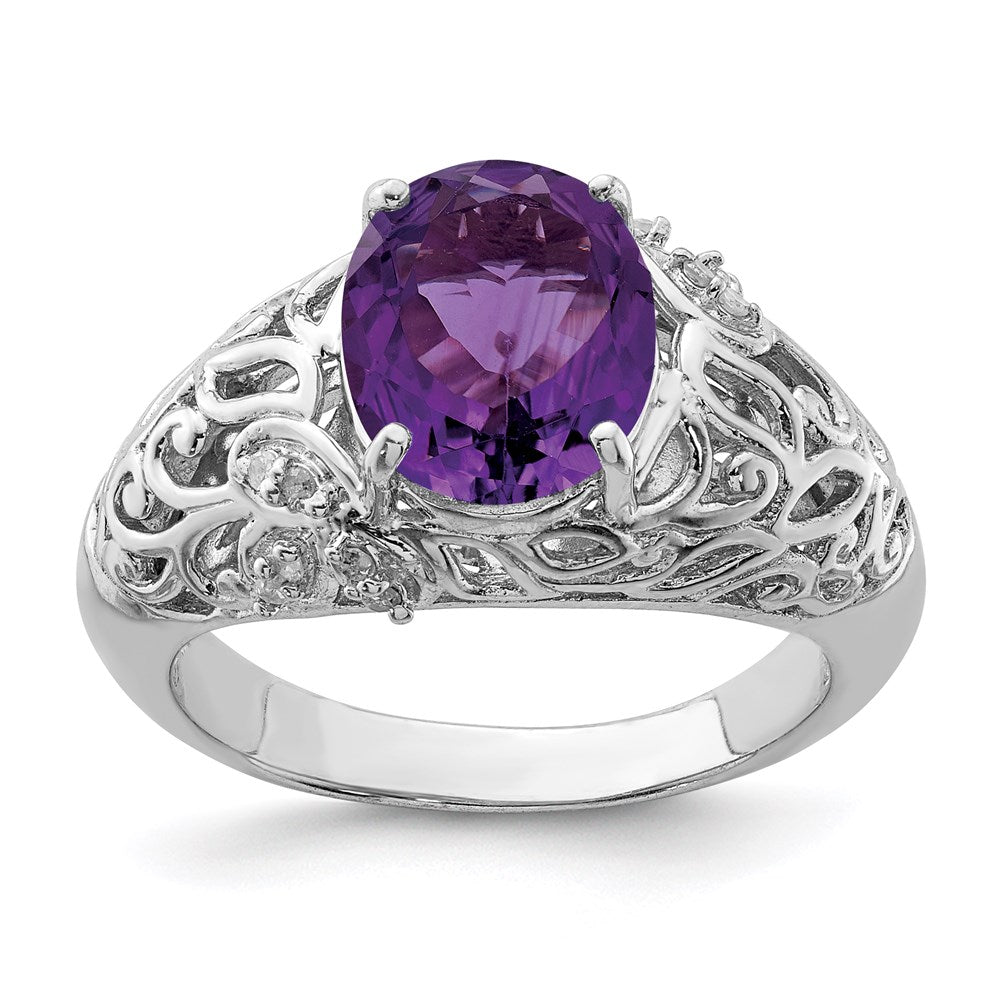 Sterling Silver Rhodium-plated Amethyst u0026 Diamond Ring