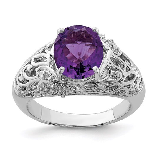 Sterling Silver Rhodium-plated Amethyst u0026 Diamond Ring