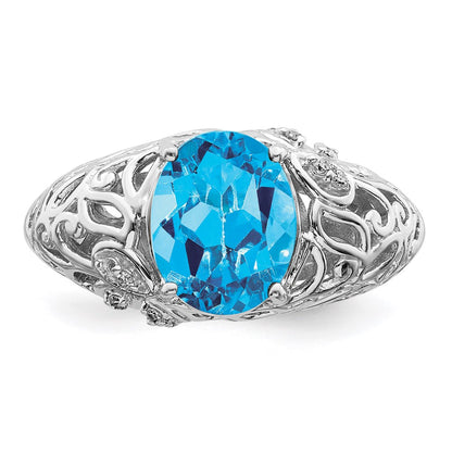 Sterling Silver Rhodium Blue Topaz u0026 Diamond Ring
