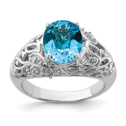 Sterling Silver Rhodium Blue Topaz u0026 Diamond Ring