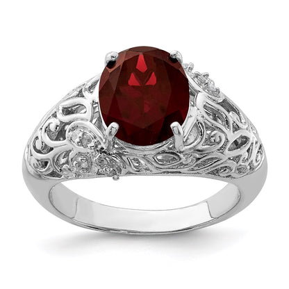 Sterling Silver Rhodium-plated Garnet u0026 Diamond Ring