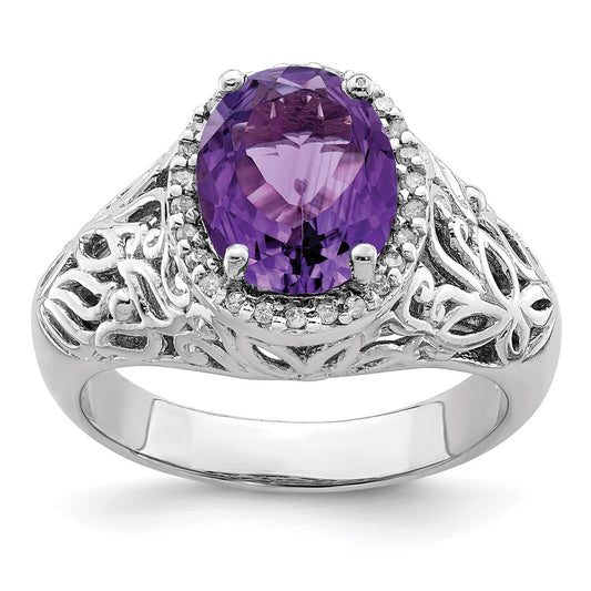 Sterling Silver Rhodium-plated Amethyst u0026 Diamond Ring