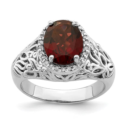 Sterling Silver Rhodium-plated Garnet u0026 Diamond Ring
