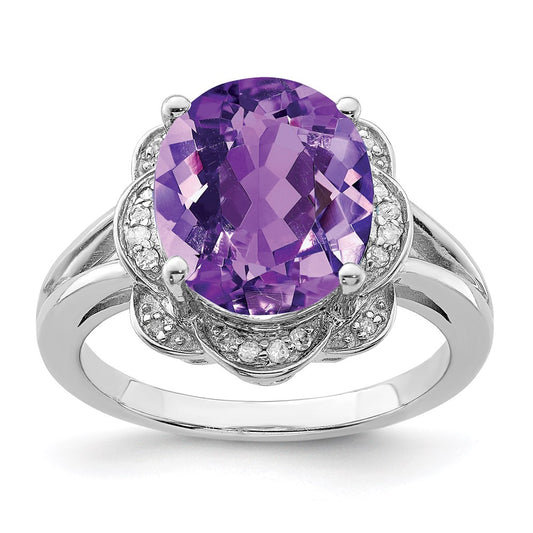 Sterling Silver Rhodium-plated Amethyst u0026 Diamond Ring