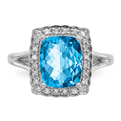 Sterling Silver Rhodium Checker-Cut Swiss Blue Topaz u0026 Diamond Ring